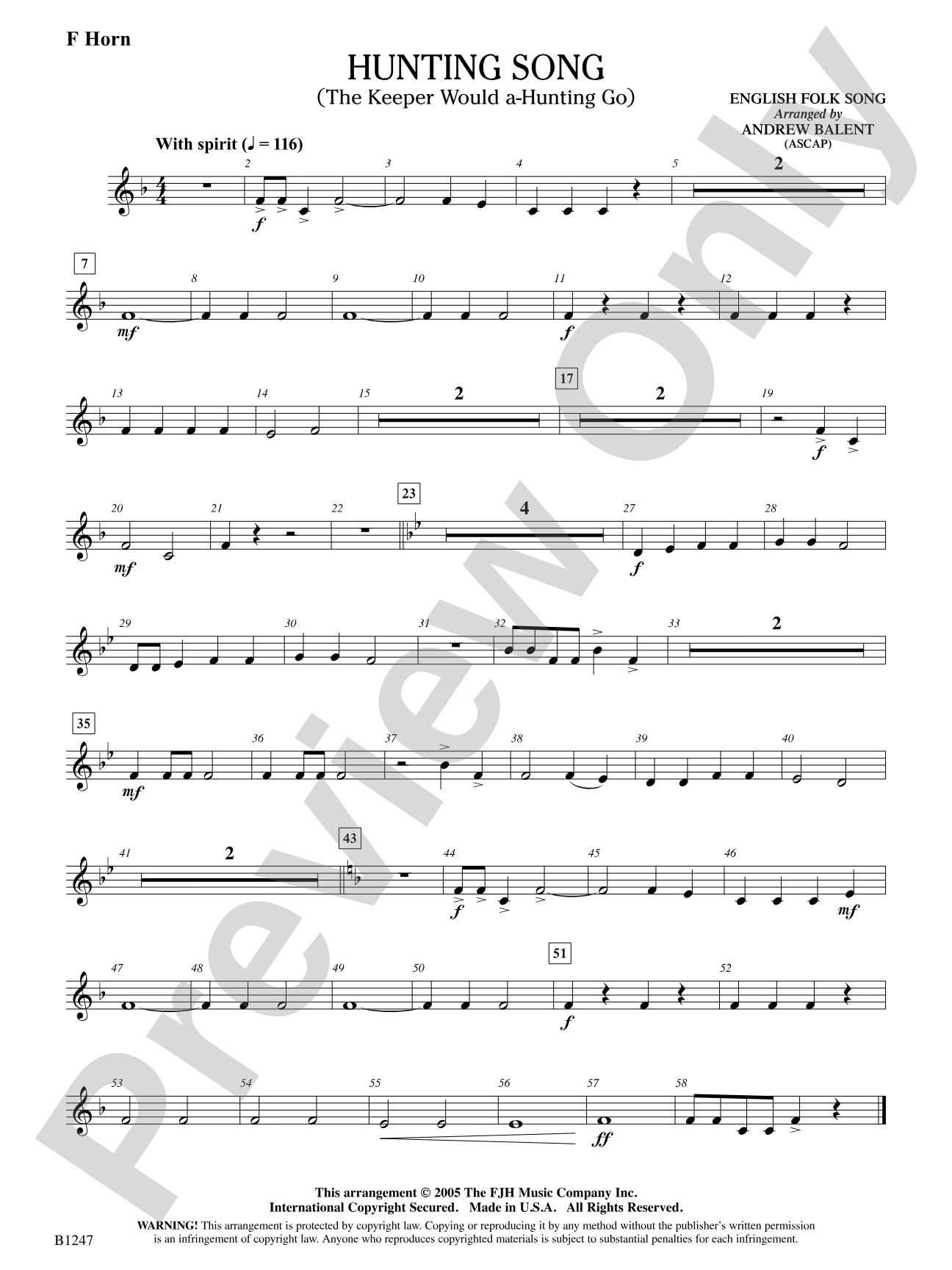 Hunting Song (The Keeper Would A-Hunting Go): F Horn
