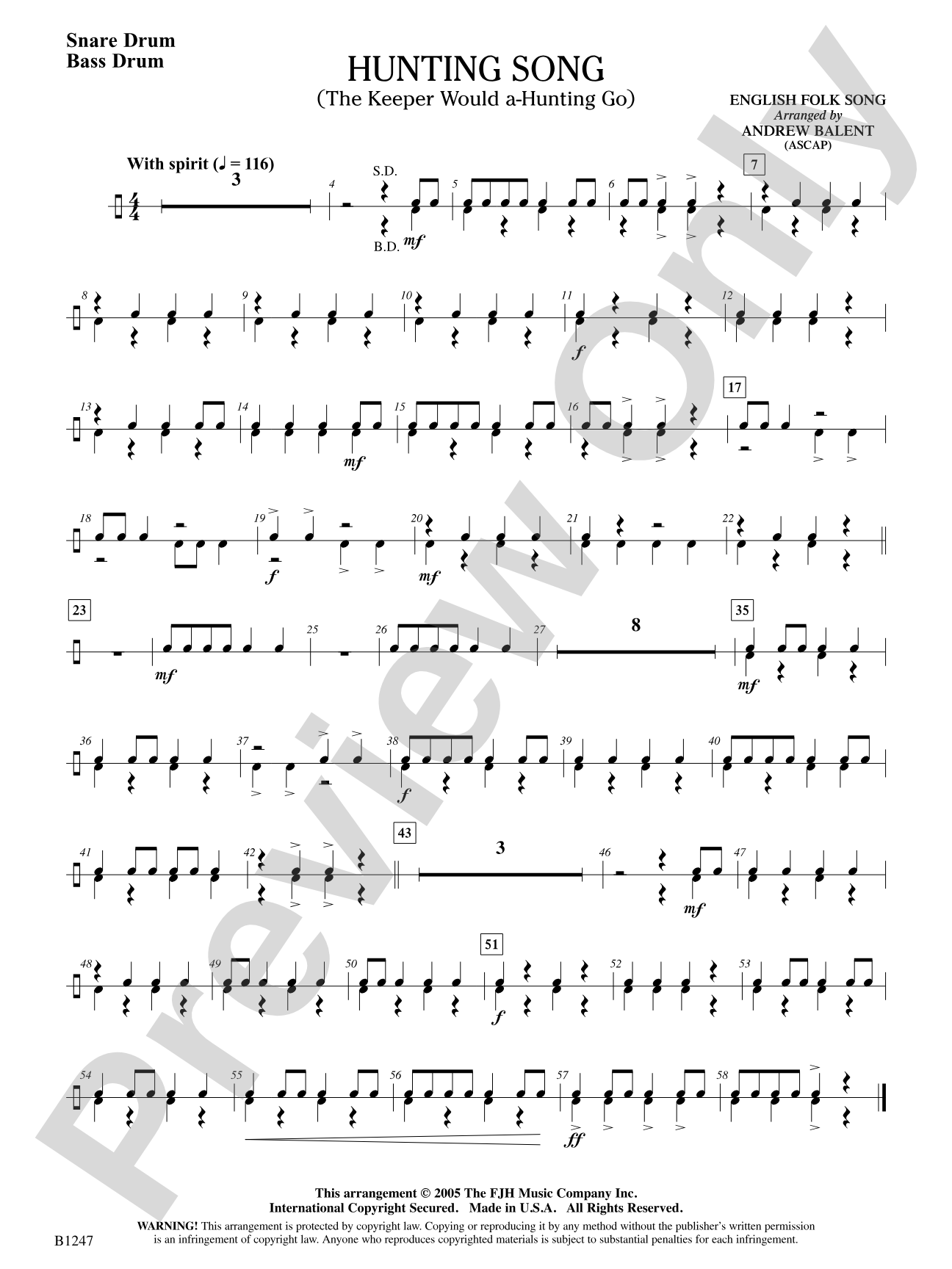 Hunting Song (The Keeper Would A-Hunting Go): Snare Drum/Bass Drum