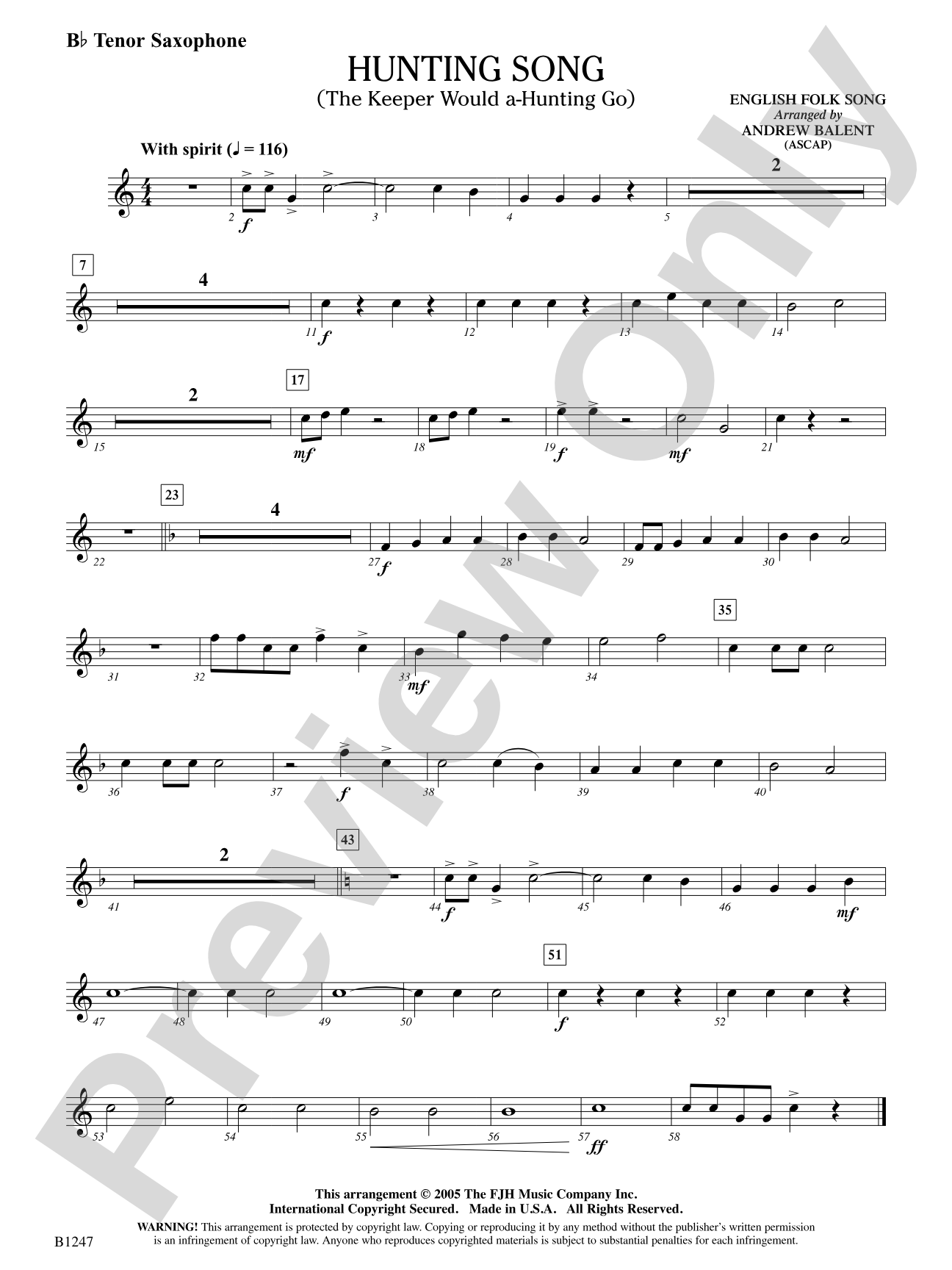 Hunting Song (The Keeper Would A-Hunting Go): B-flat Tenor Saxophone