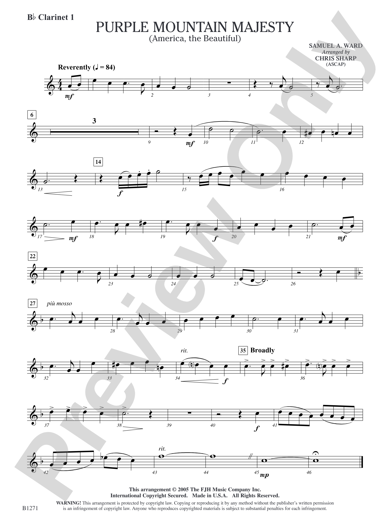 Purple Mountain Majesty (America, The Beautiful): B-flat Clarinet 1