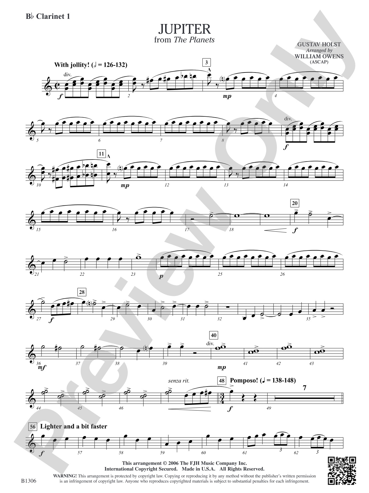 Jupiter (from The Planets): B-flat Clarinet 1