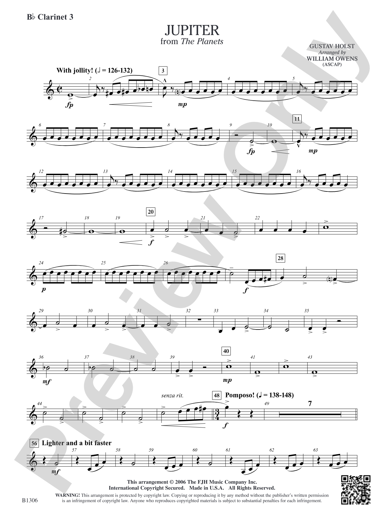 Jupiter (from The Planets): B-flat Clarinet 3