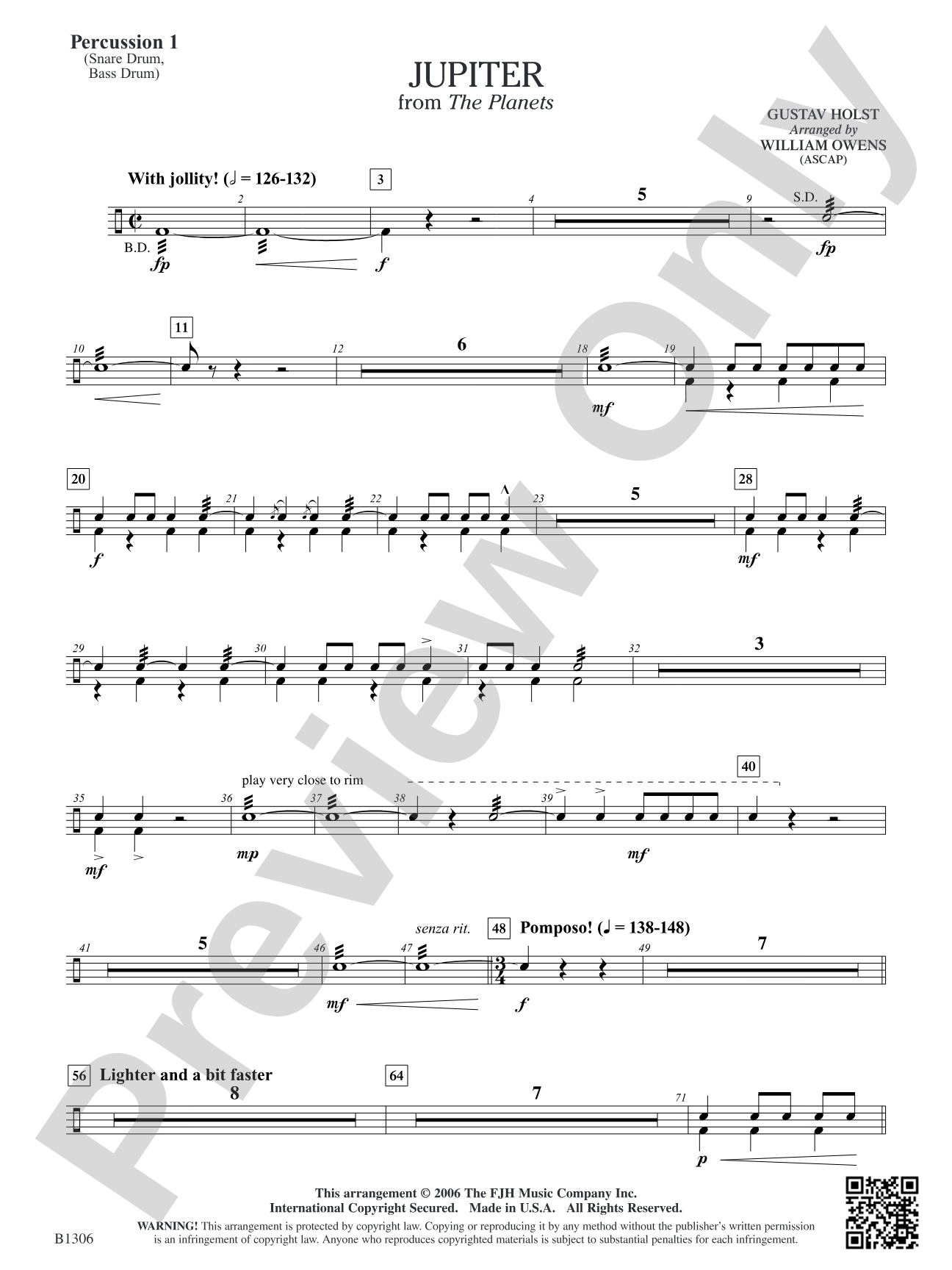 Jupiter (from The Planets): Percussion 1