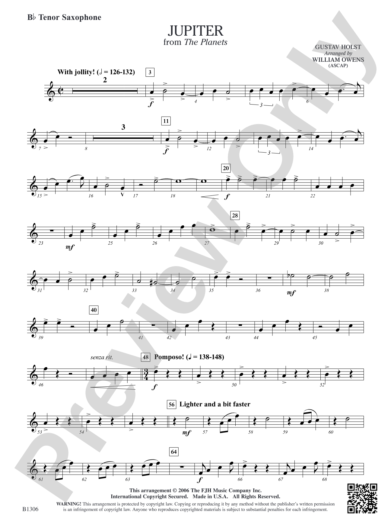 Jupiter (from The Planets): B-flat Tenor Saxophone