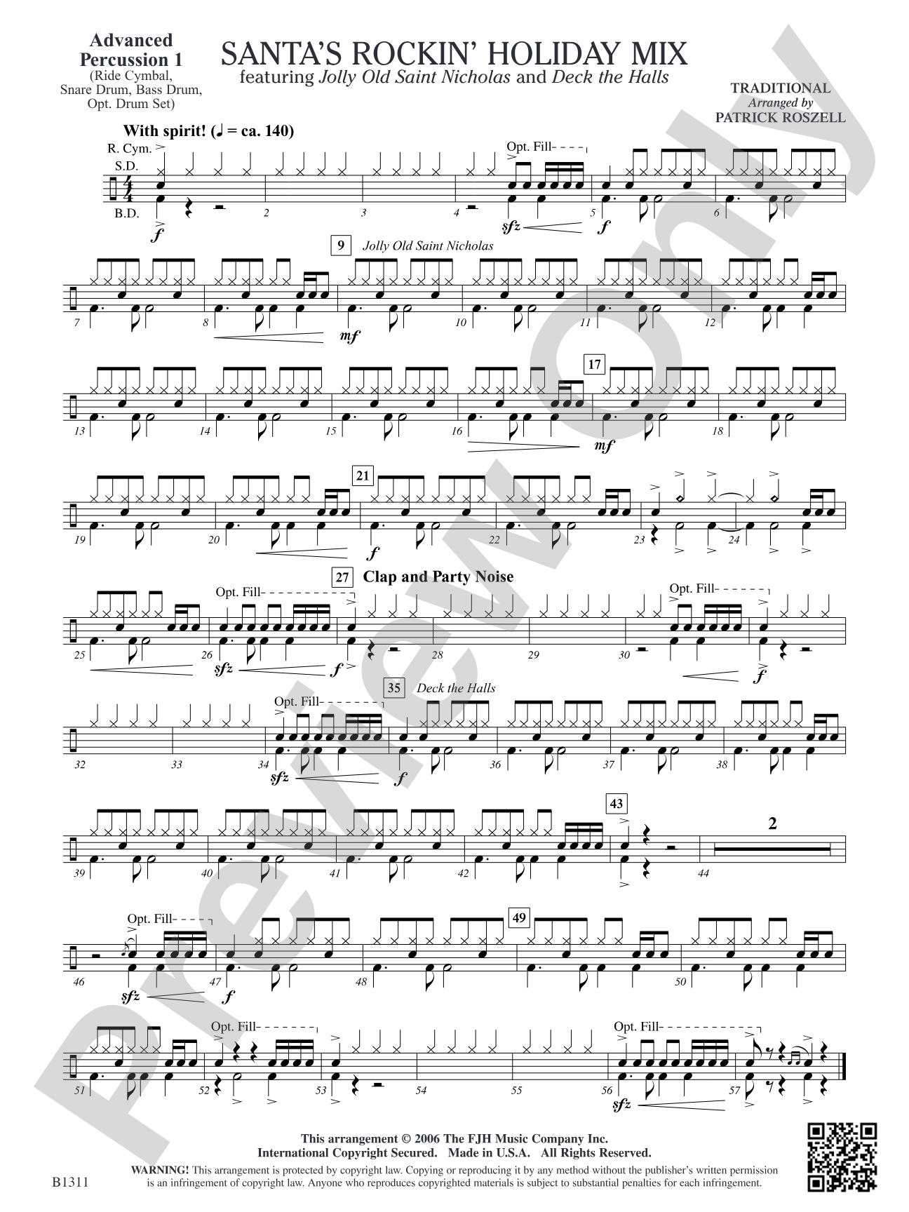 Santa's Rockin' Holiday Mix (featuring Jolly Old Saint Nicholas and Deck the Halls): Advanced Percussion 1