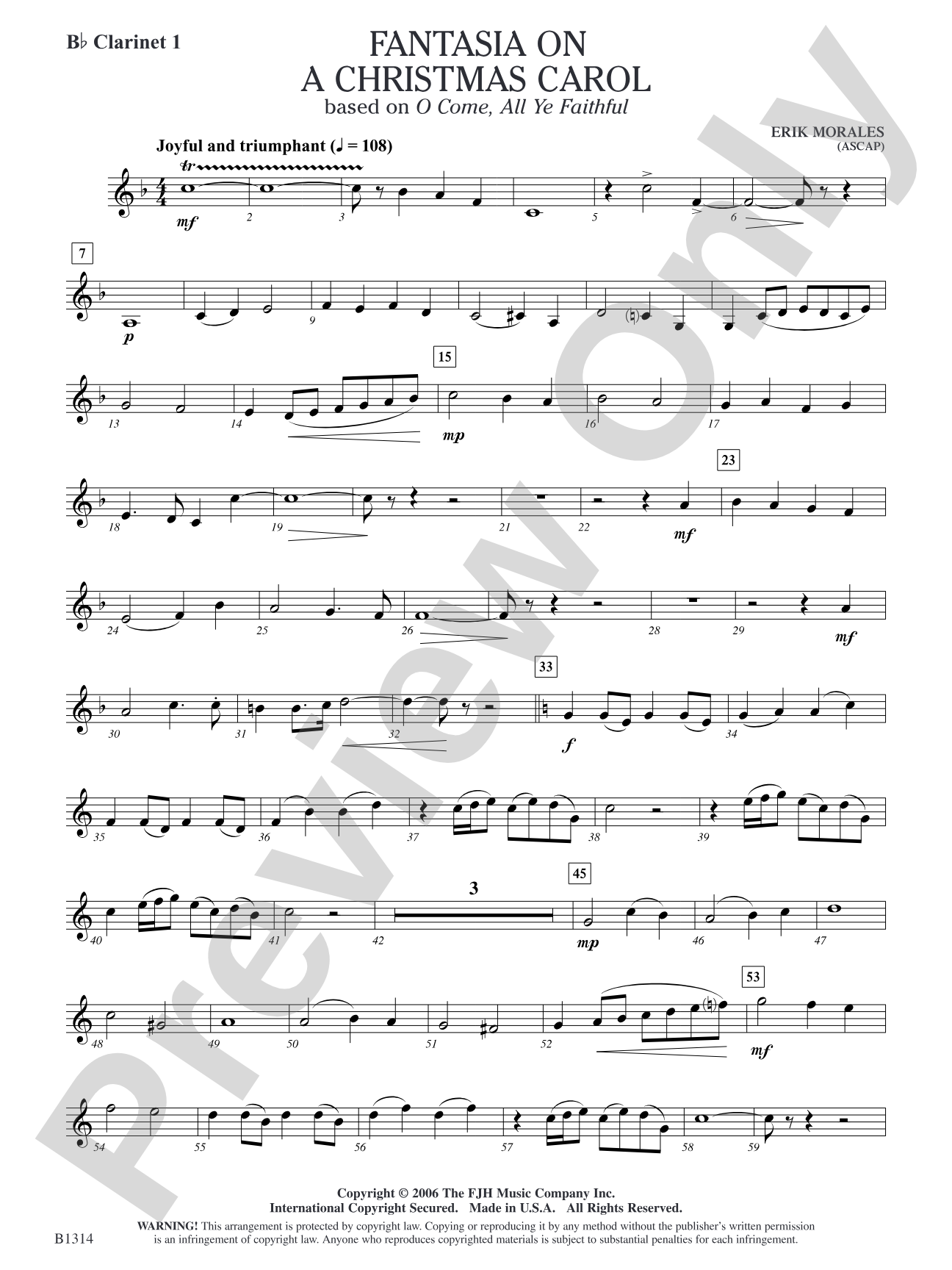 Fantasia on a Christmas Carol (based on O Come, All Ye Faithful): B-flat Clarinet 1