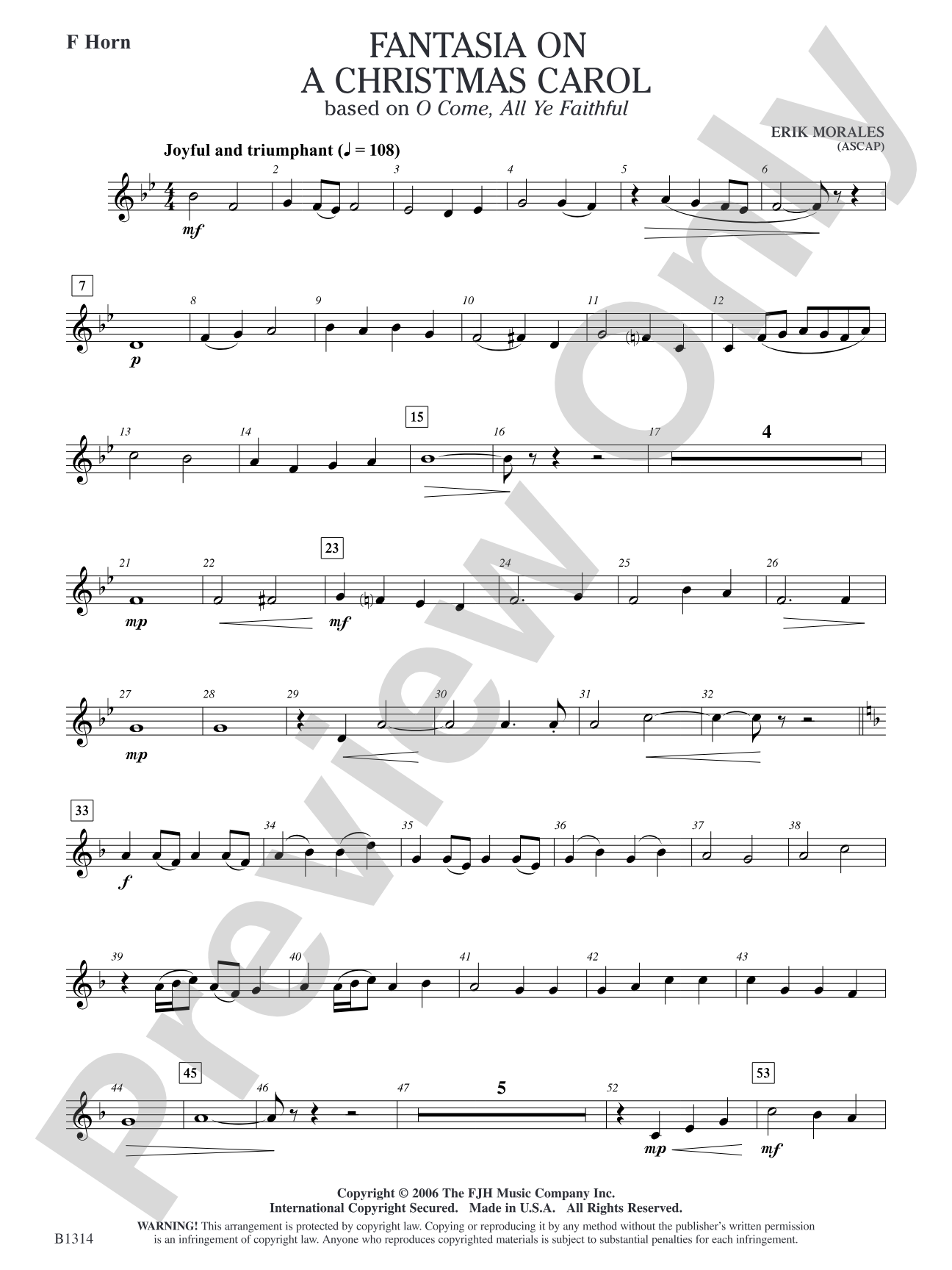 Fantasia on a Christmas Carol (based on O Come, All Ye Faithful): F Horn