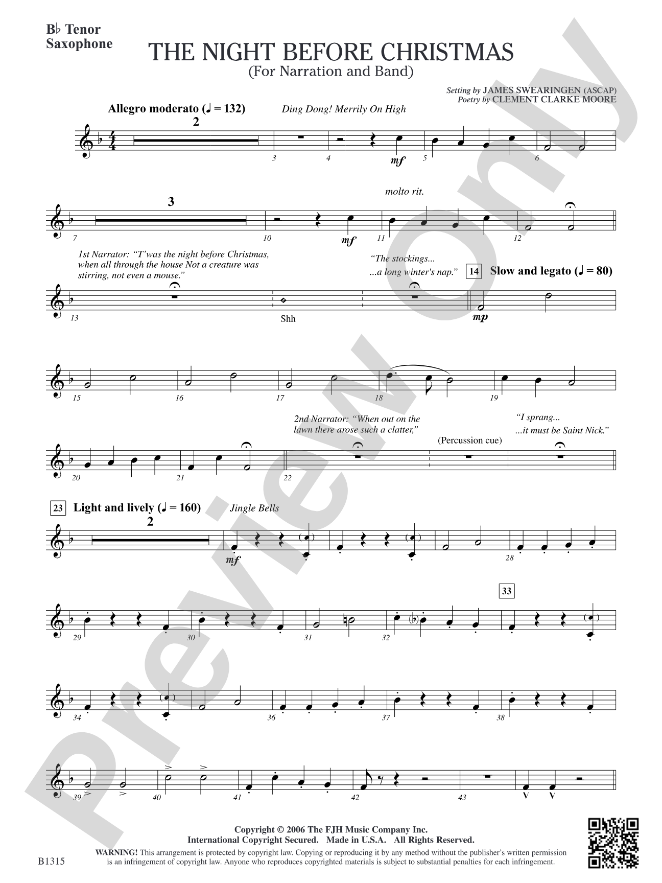 The Night Before Christmas (for Narration and Band): B-flat Tenor Saxophone