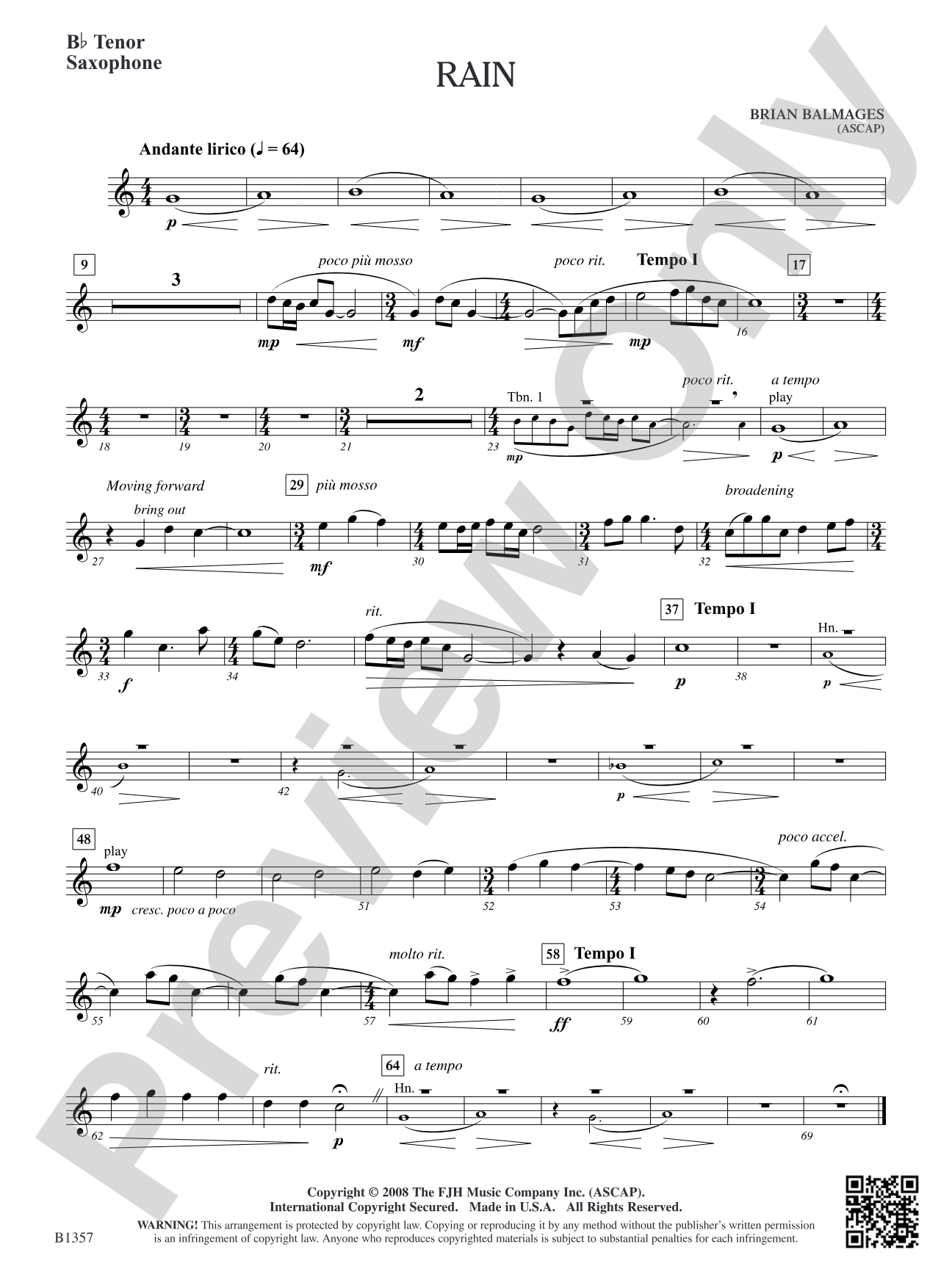 Rain: B-flat Tenor Saxophone