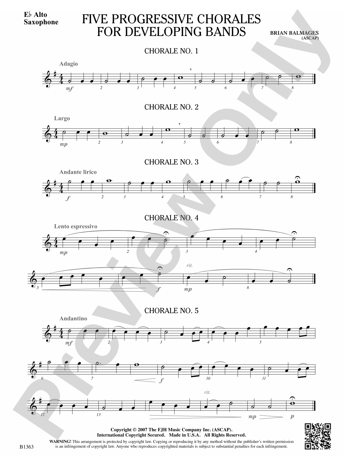 Five Progressive Chorales for Developing Bands: E-flat Alto Saxophone