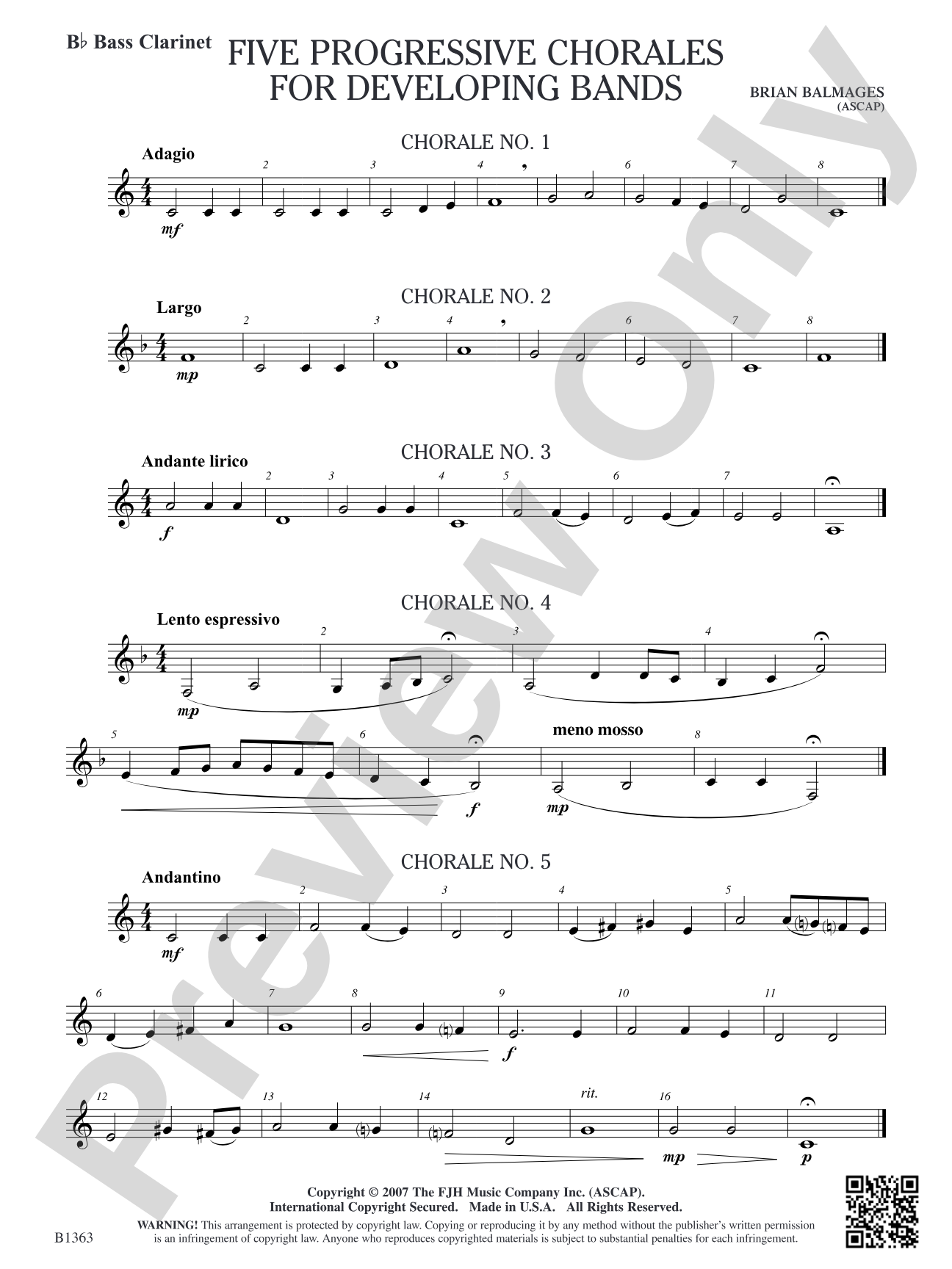 Five Progressive Chorales for Developing Bands: B-flat Bass Clarinet