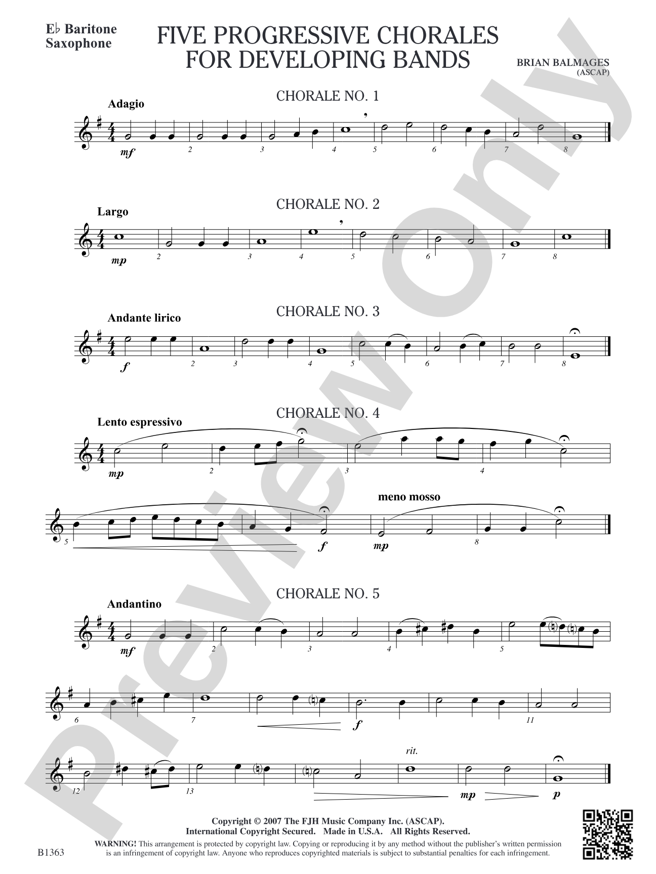 Five Progressive Chorales for Developing Bands: E-flat Baritone Saxophone