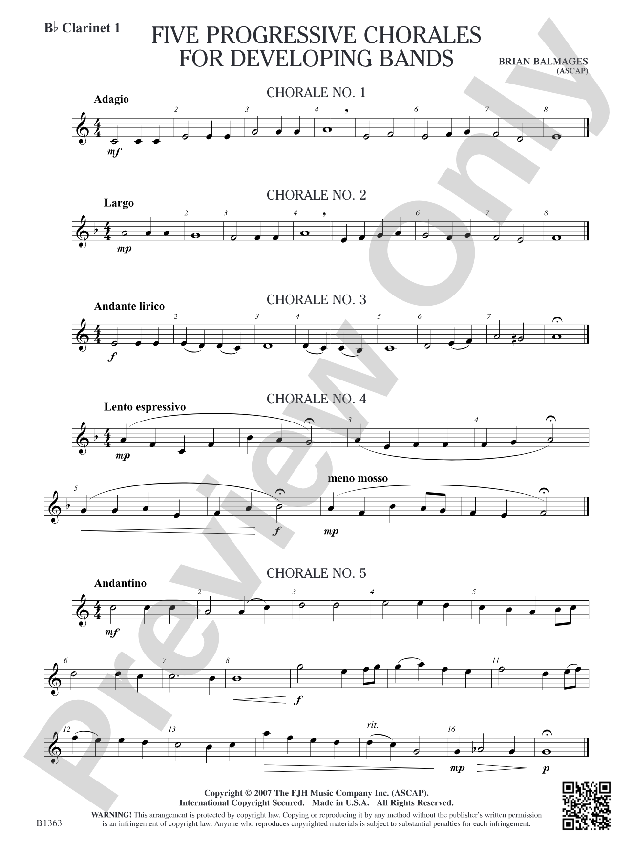 Five Progressive Chorales for Developing Bands: B-flat Clarinet 1