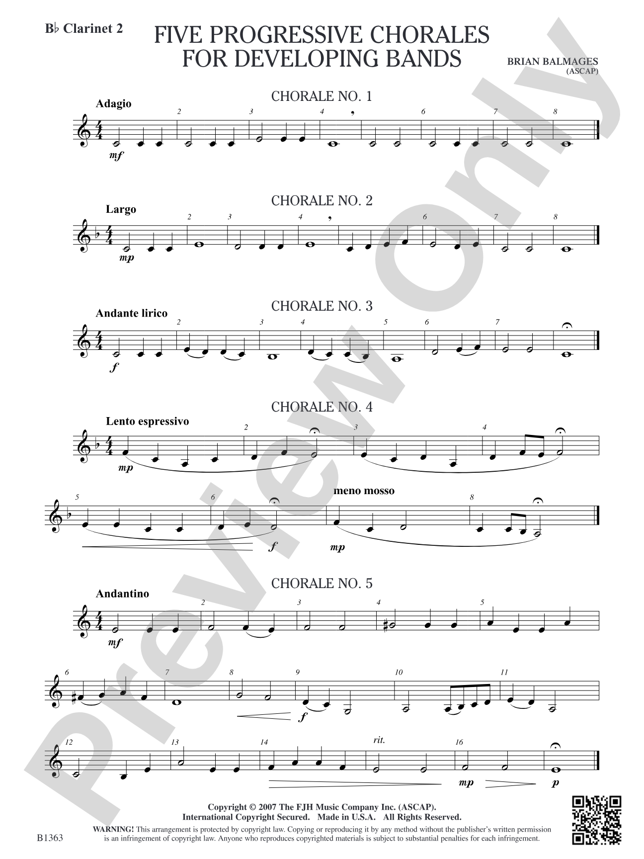 Five Progressive Chorales for Developing Bands: B-flat Clarinet 2
