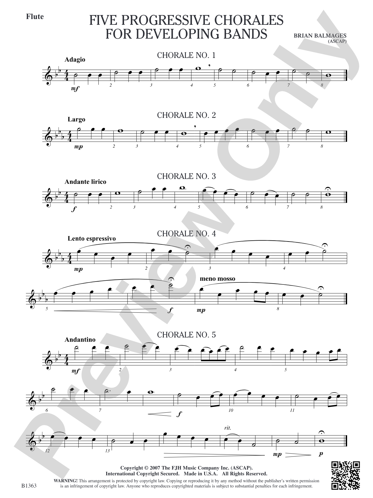 Five Progressive Chorales for Developing Bands: Flute