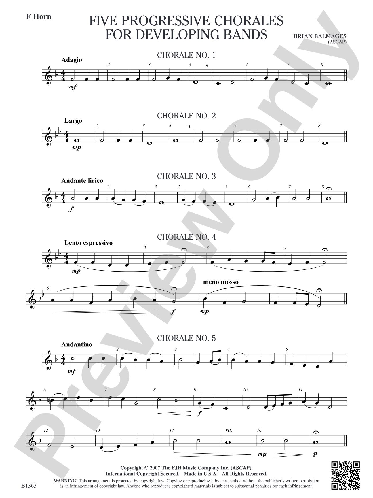 Five Progressive Chorales for Developing Bands: F Horn
