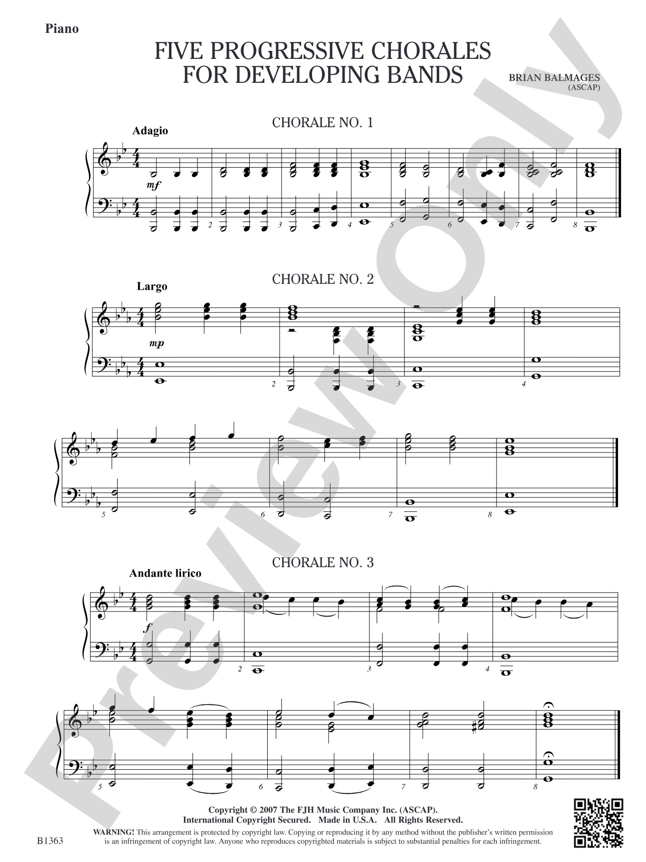Five Progressive Chorales for Developing Bands: Piano