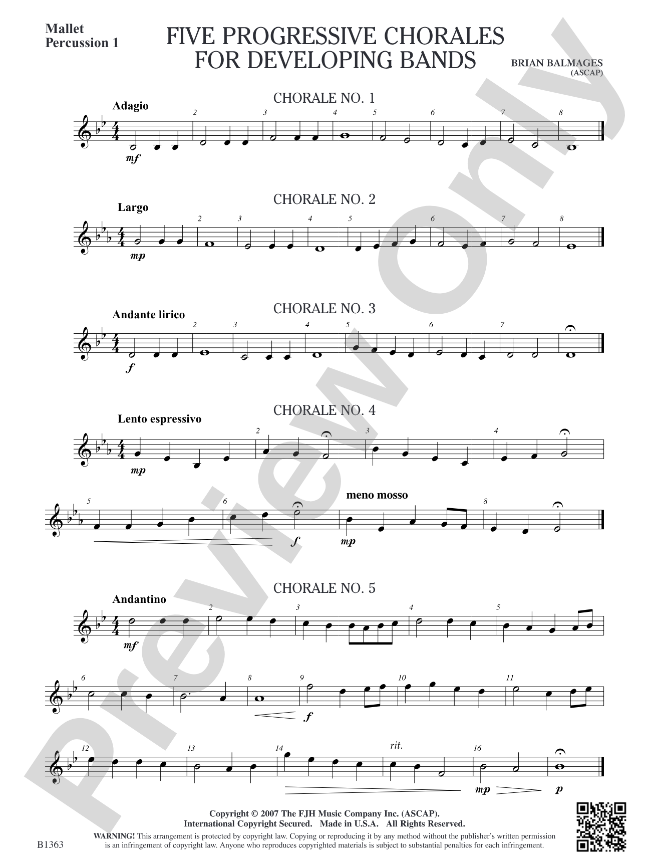 Five Progressive Chorales for Developing Bands: Mallet Percussion 1