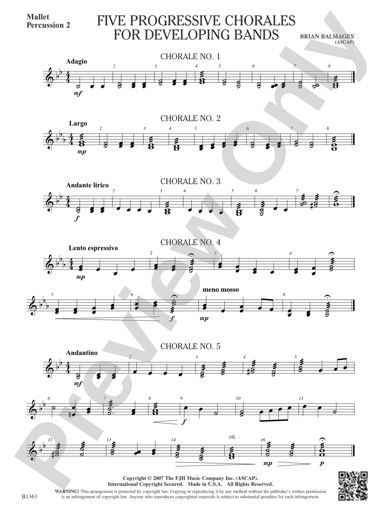 Five Progressive Chorales for Developing Bands: Mallet Percussion 2