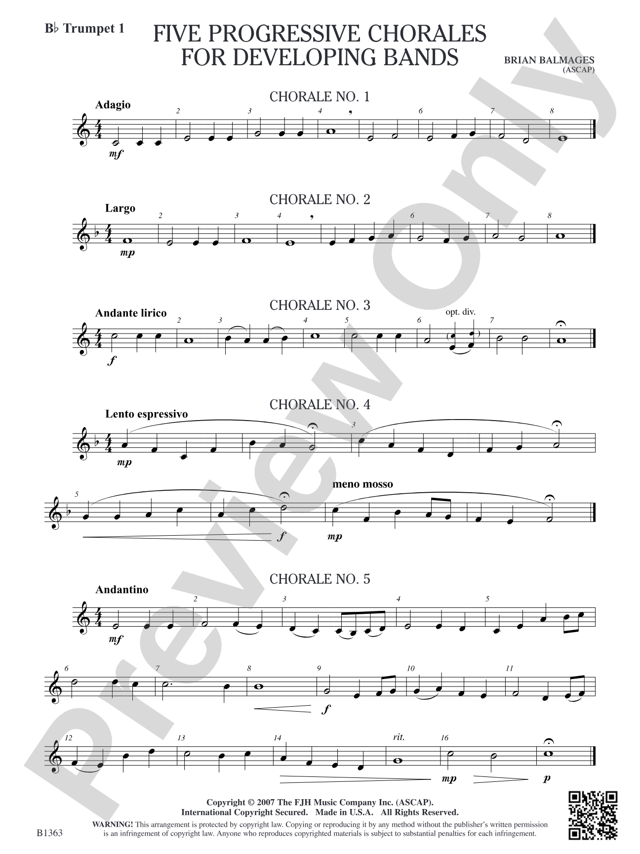 Five Progressive Chorales for Developing Bands: B-flat Trumpet 1