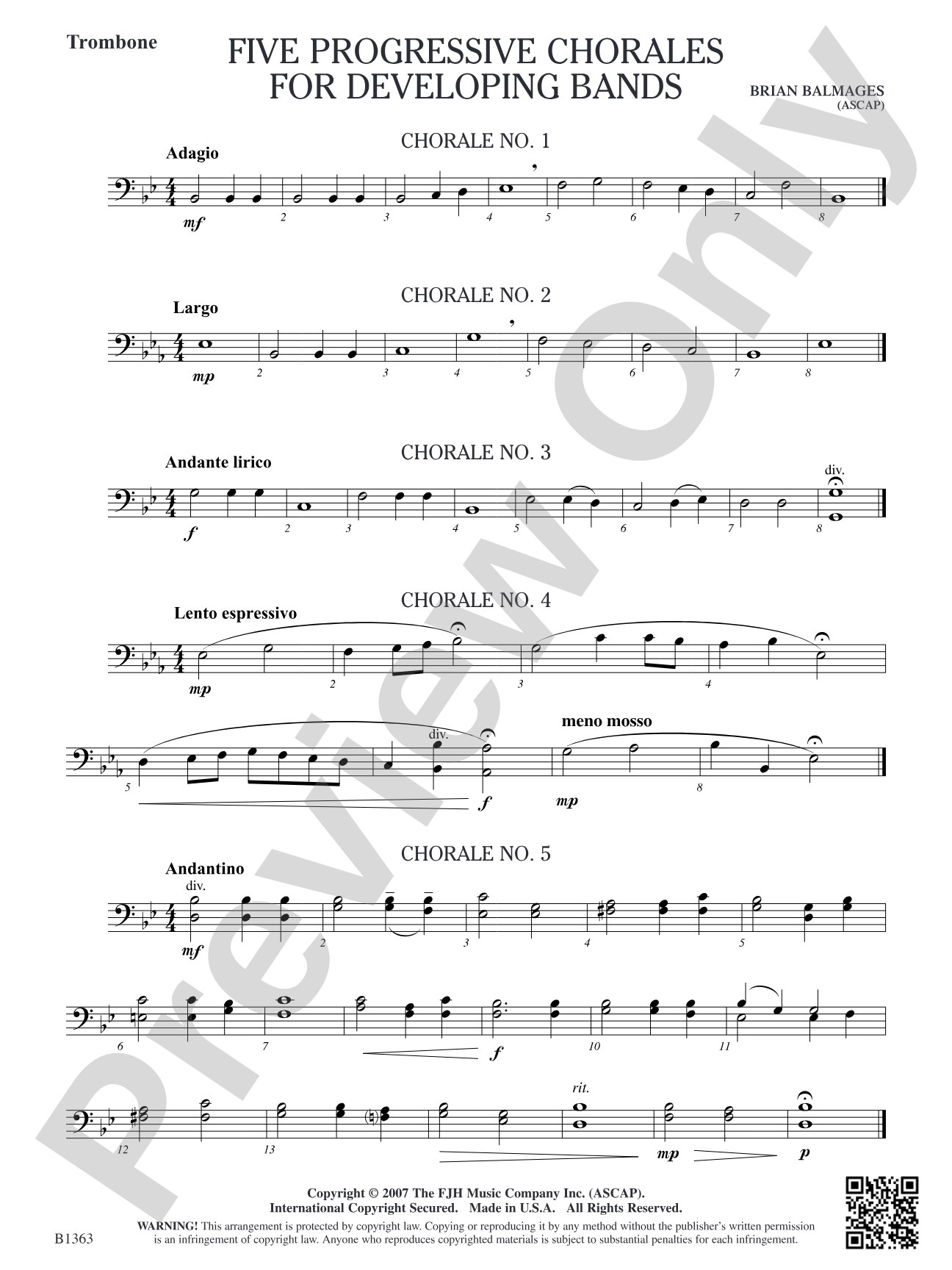 Five Progressive Chorales for Developing Bands: Trombone