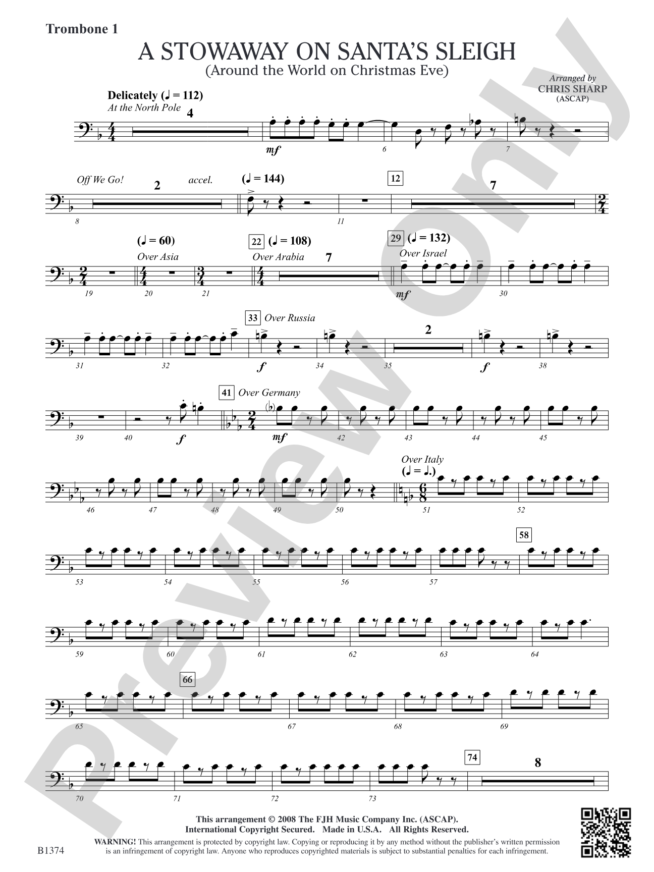 A Stowaway on Santa's Sleigh (Around the World on Christmas Eve): Trombone 1