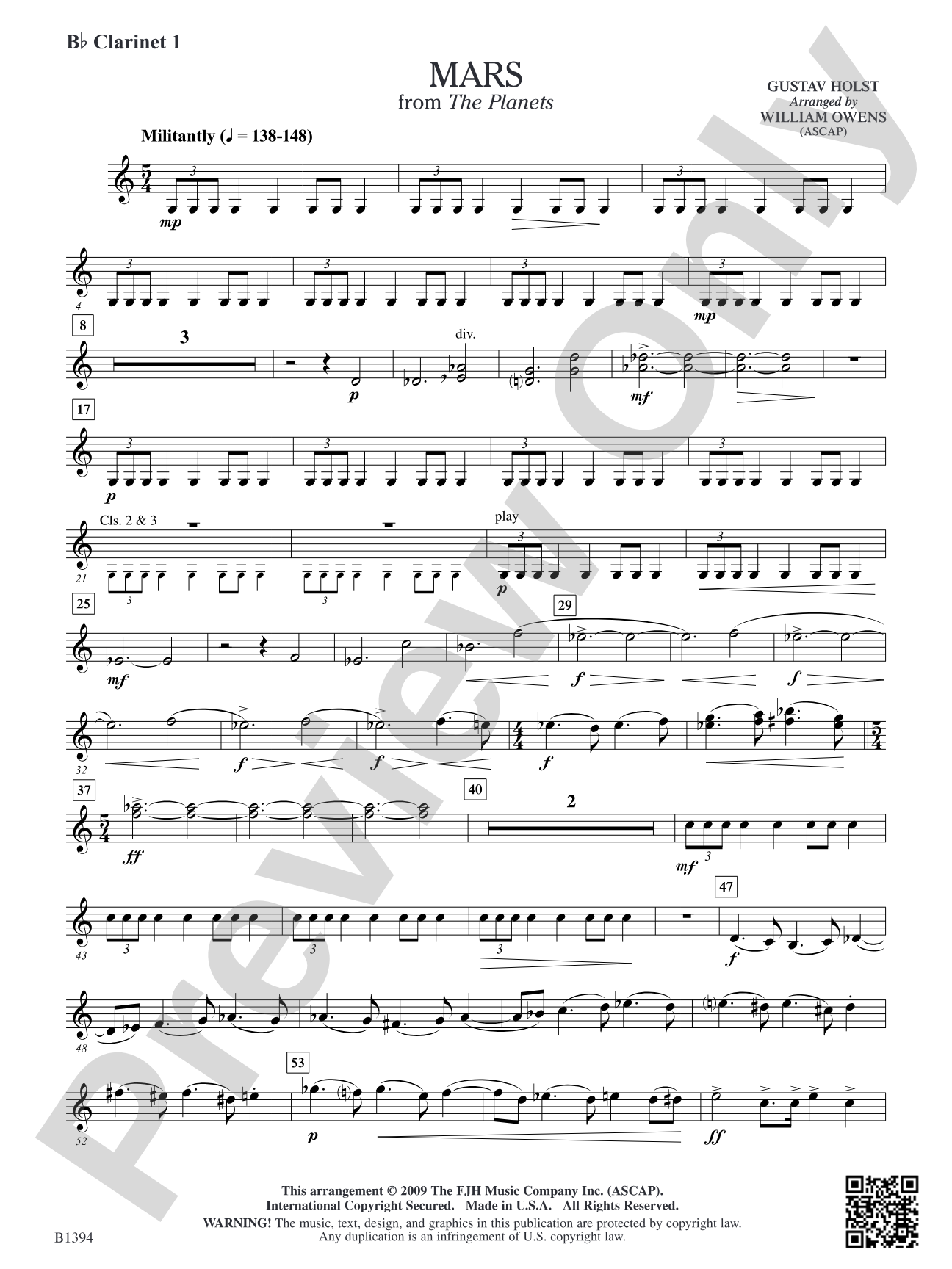 Mars from The Planets: B-flat Clarinet 1