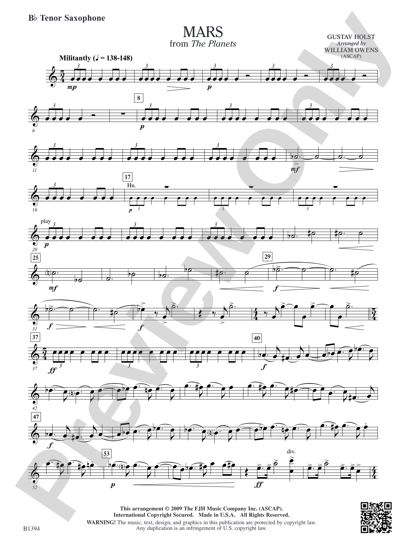 Mars from The Planets: B-flat Tenor Saxophone