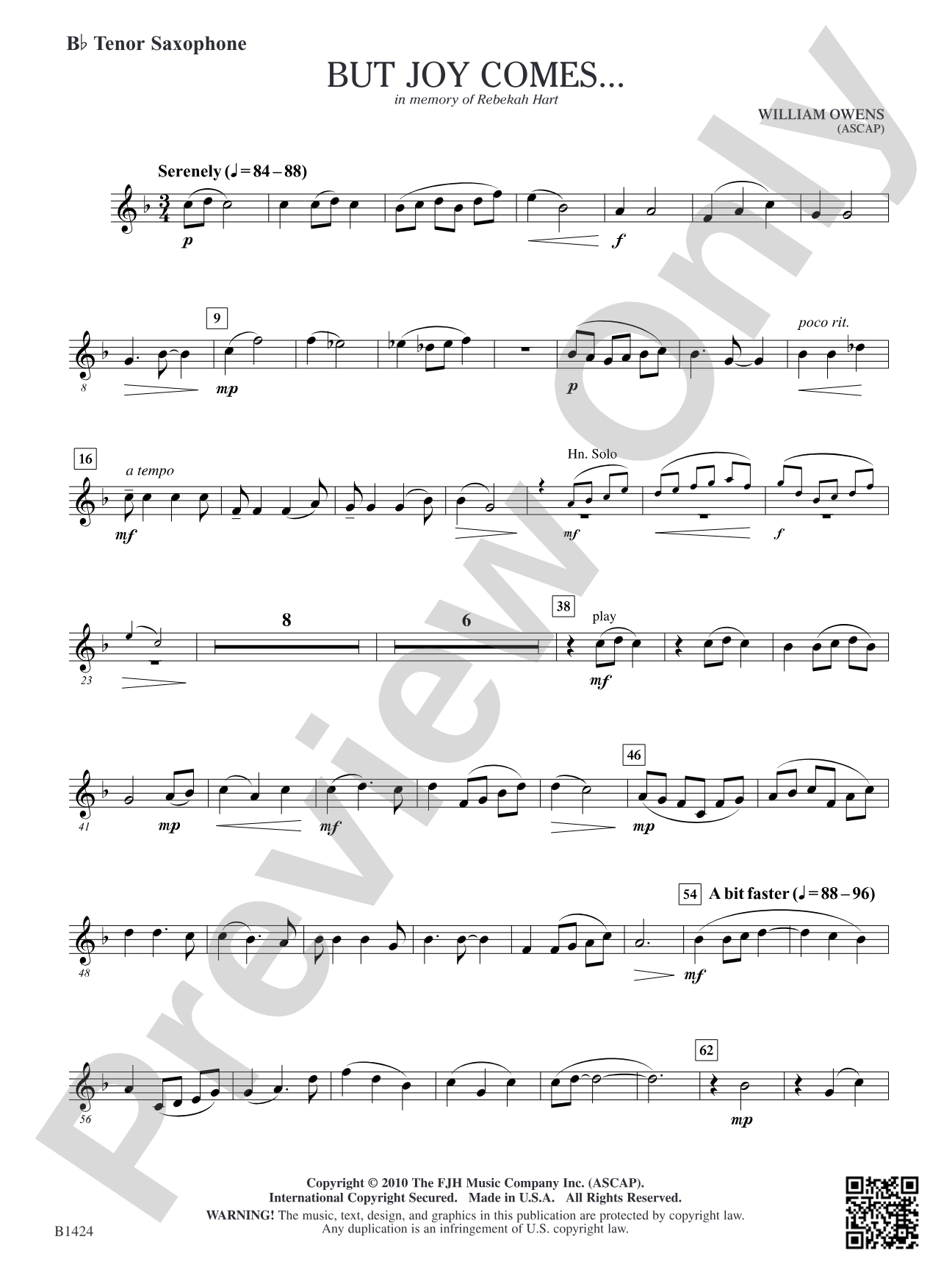 But Joy Comes...: B-flat Tenor Saxophone