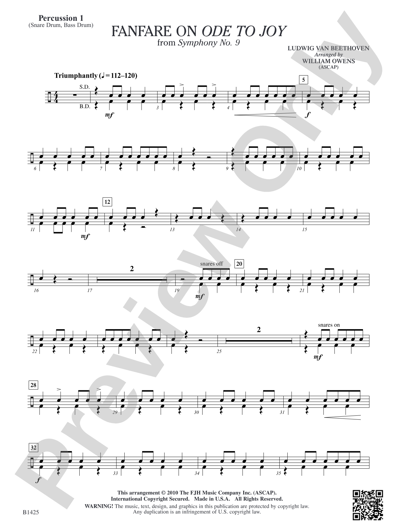 Fanfare on "Ode to Joy" from Symphony No. 9: Percussion 1