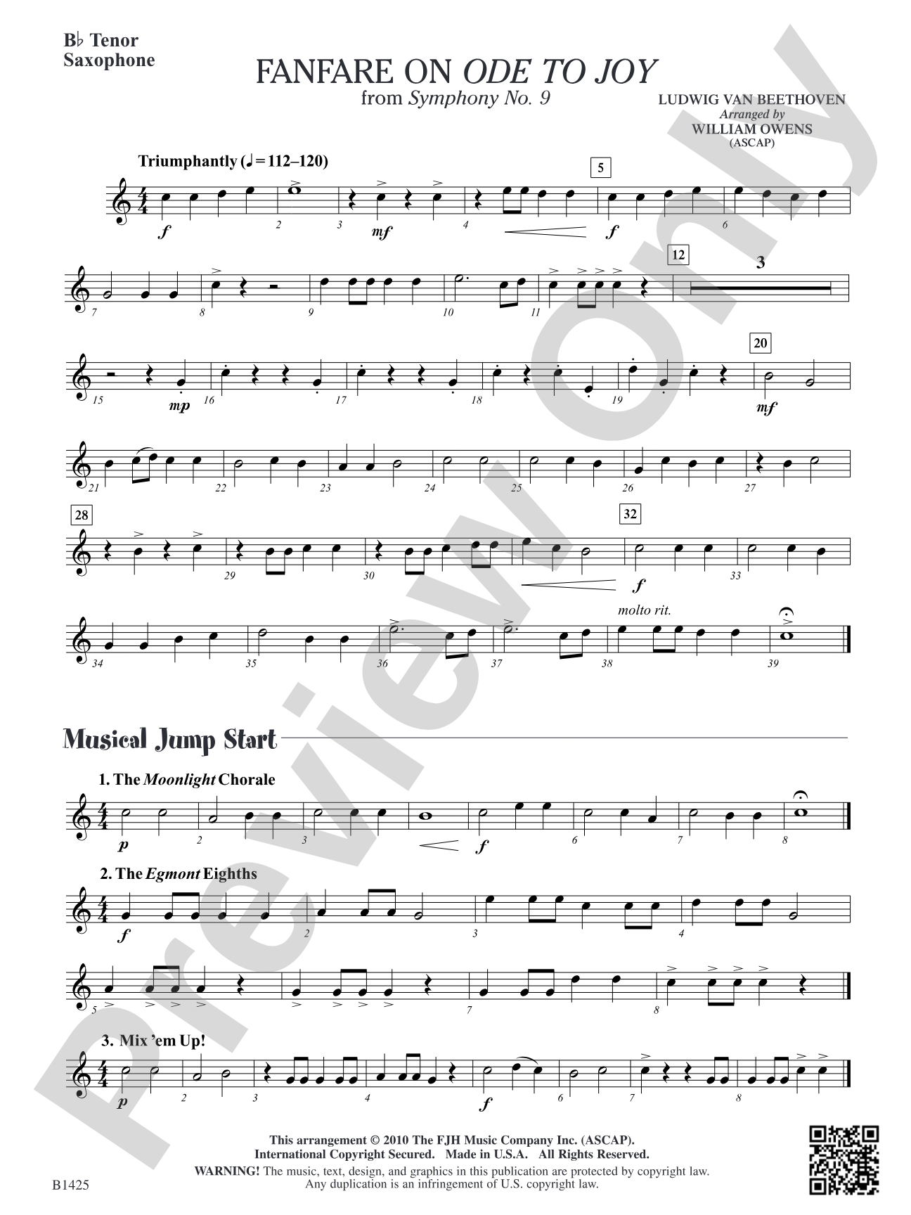 Fanfare on "Ode to Joy" from Symphony No. 9: B-flat Tenor Saxophone