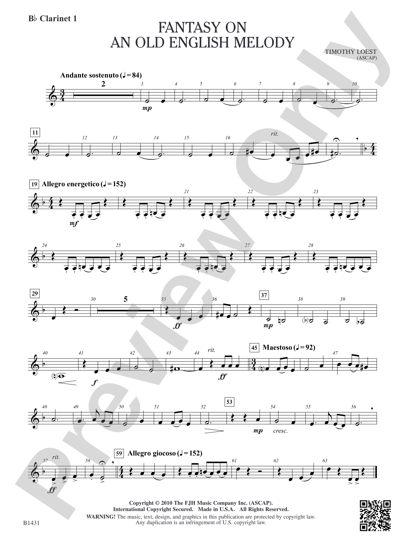 Fantasy on an Old English Melody: B-flat Clarinet 1