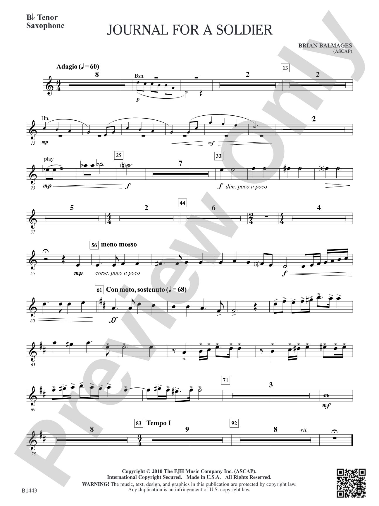 Journal for a Soldier: B-flat Tenor Saxophone