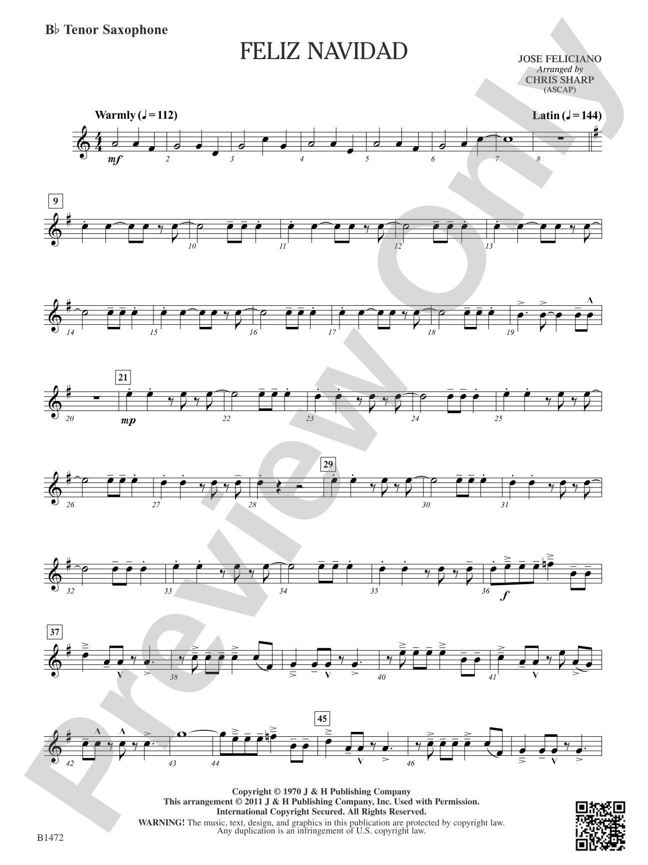 Feliz Navidad: B-flat Tenor Saxophone