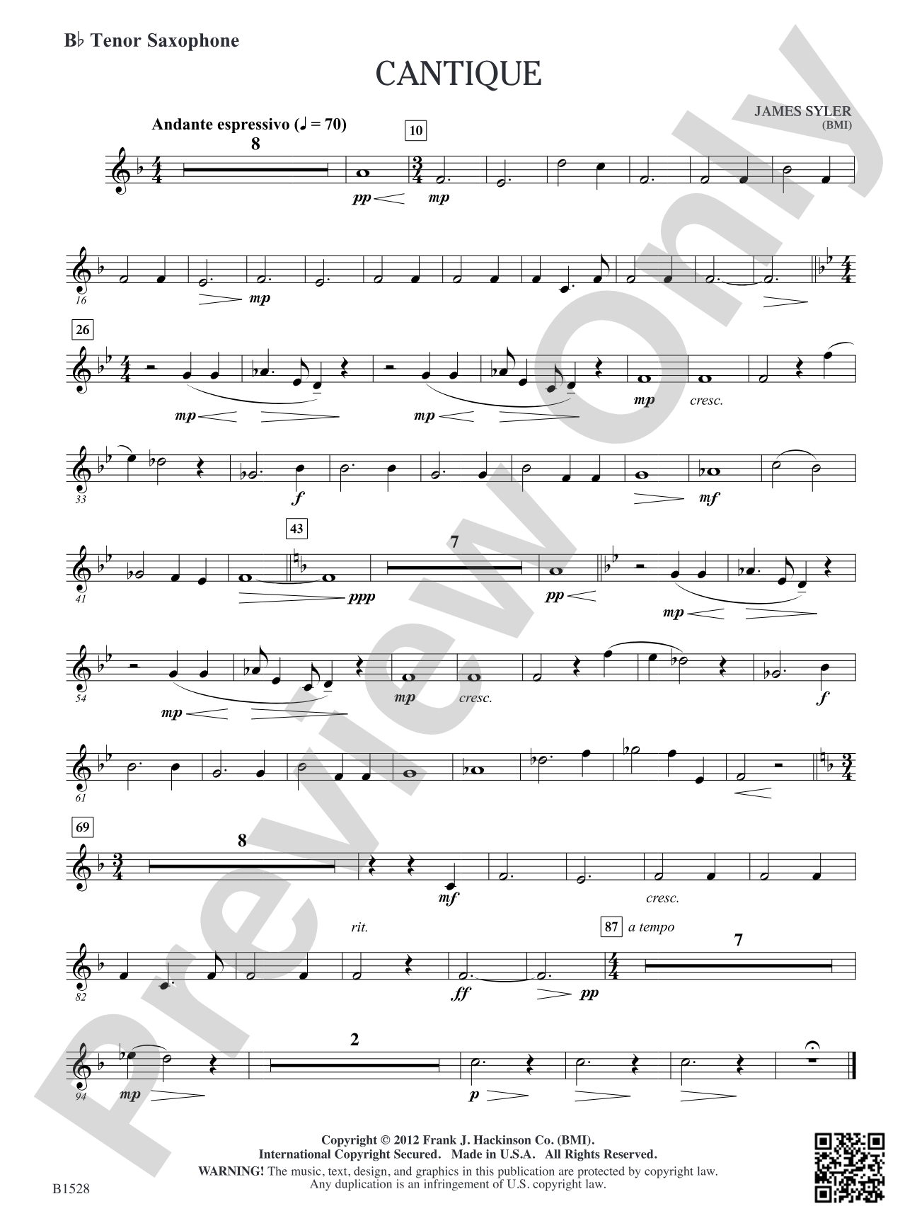 Cantique: B-flat Tenor Saxophone