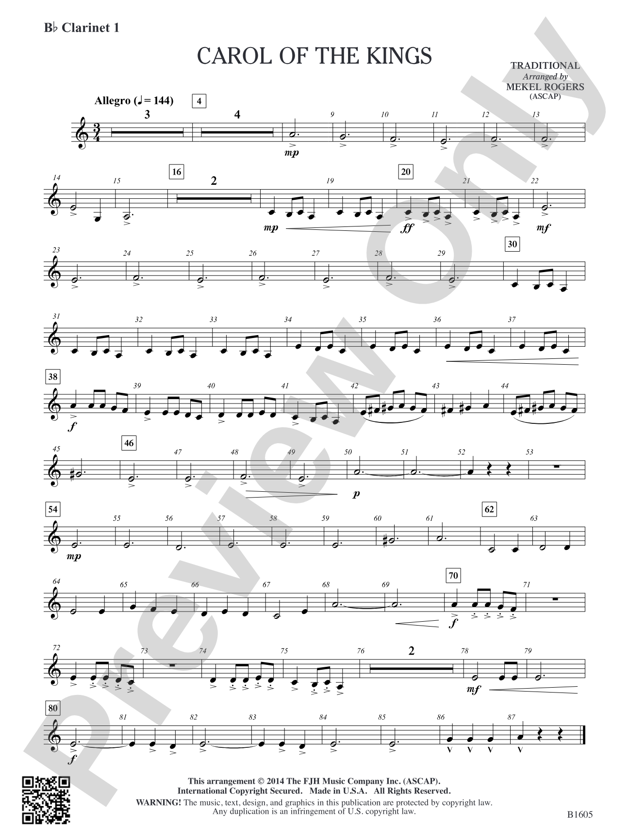 Carol of the Kings: B-flat Clarinet 1