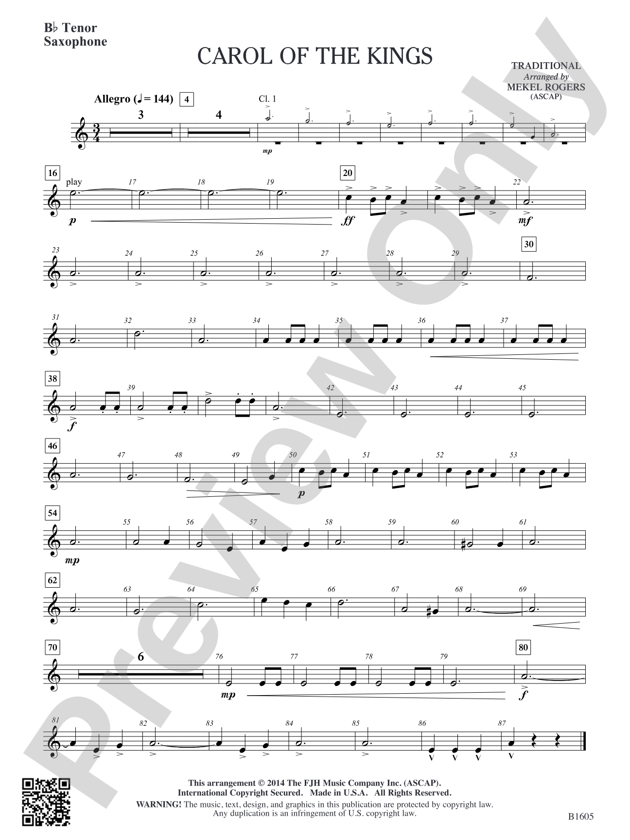 Carol of the Kings: B-flat Tenor Saxophone