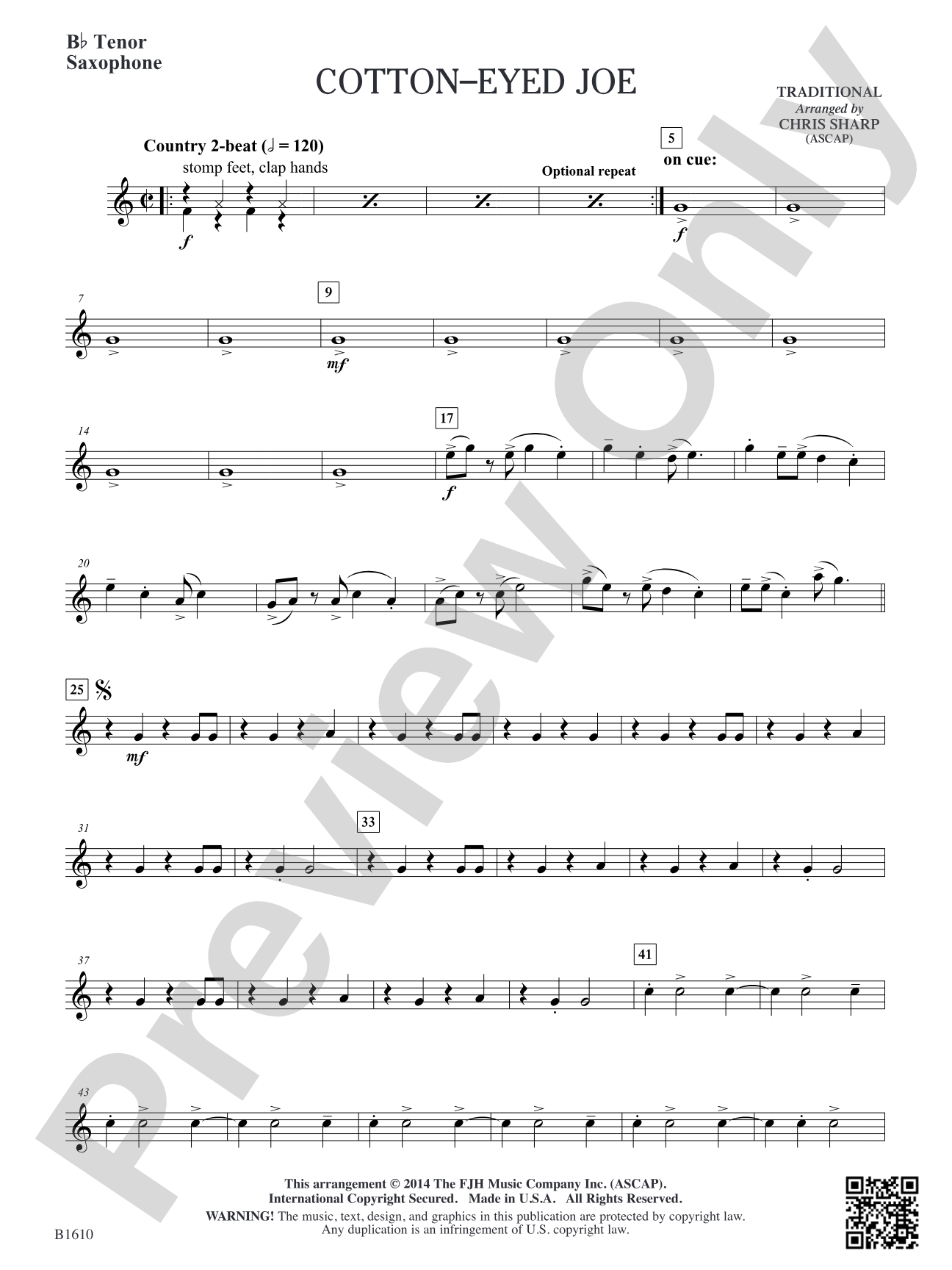 Cotton-Eyed Joe: B-flat Tenor Saxophone