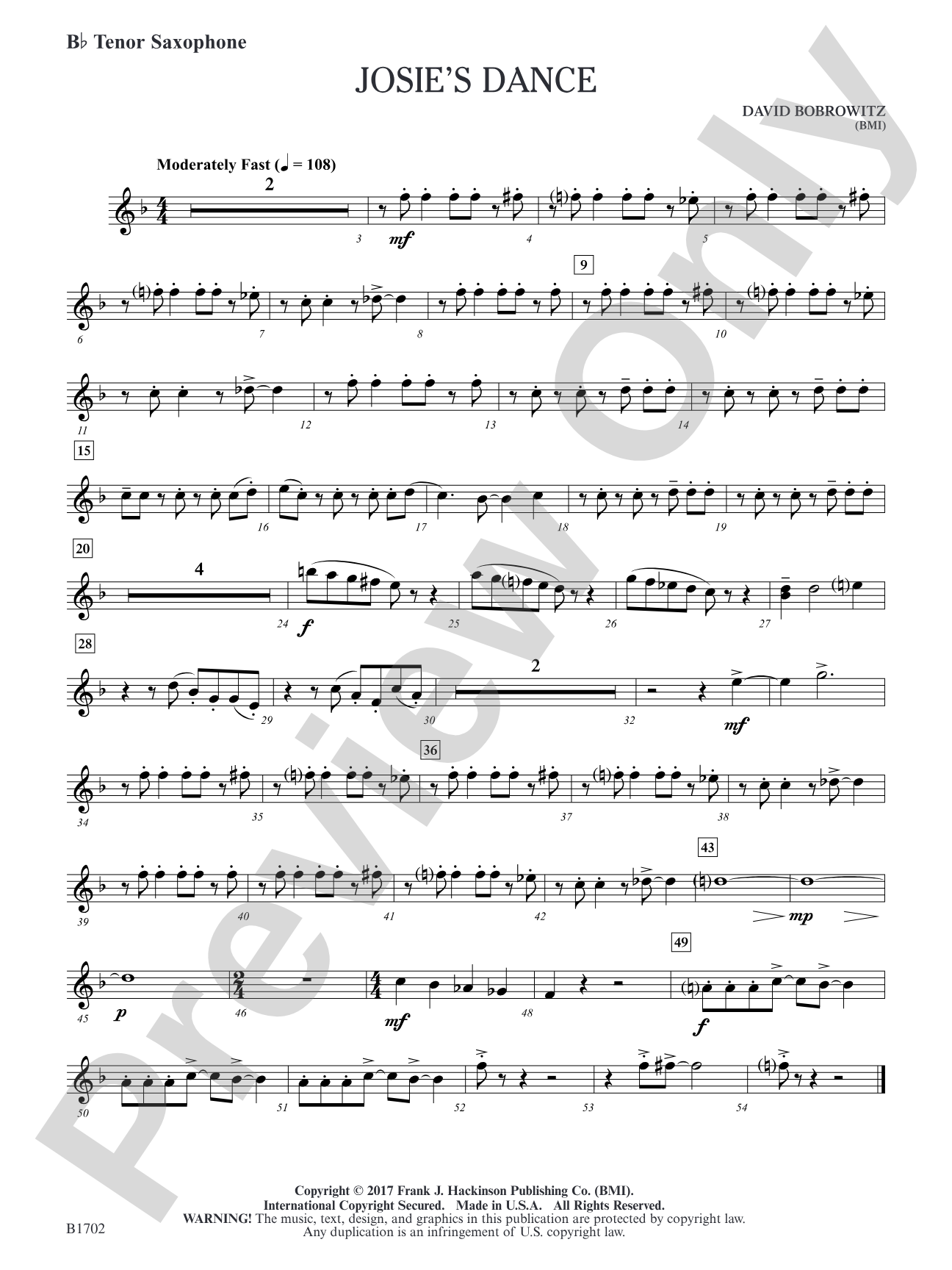 Josie's Dance: B-flat Tenor Saxophone