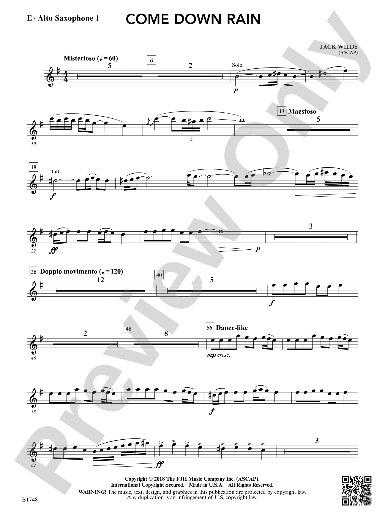 Come Down Rain: E-flat Alto Saxophone 1