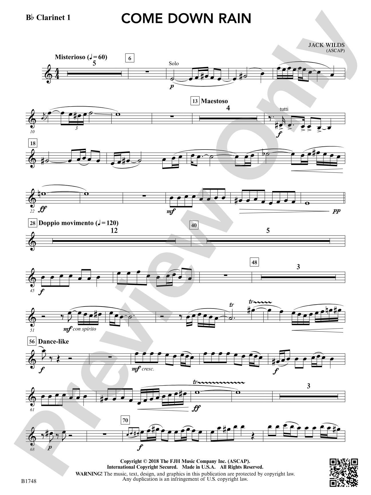 Come Down Rain: B-flat Clarinet 1