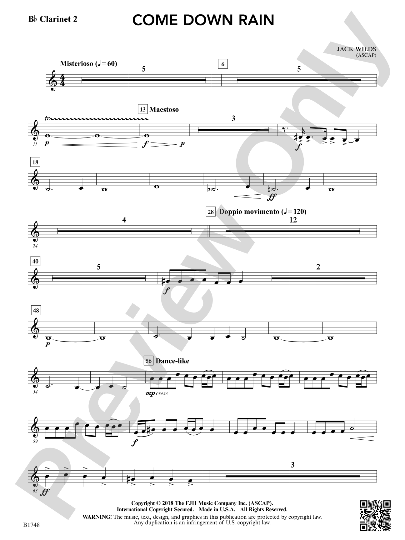 Come Down Rain: B-flat Clarinet 2