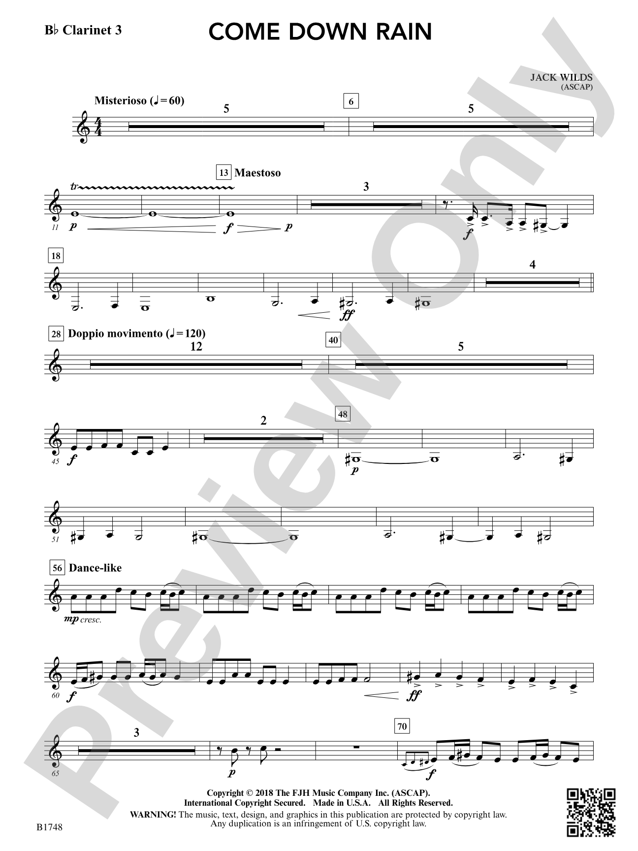 Come Down Rain: B-flat Clarinet 3