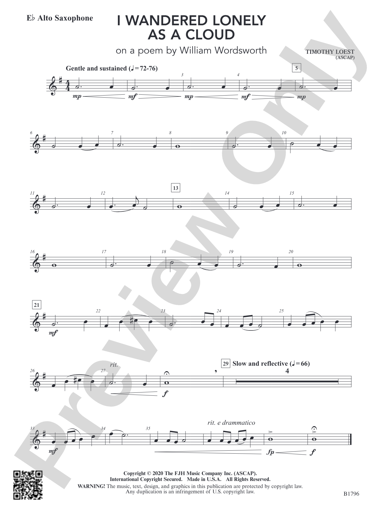 I Wandered Lonely as a Cloud (on a poem by William Wordsworth): E-flat Alto Saxophone