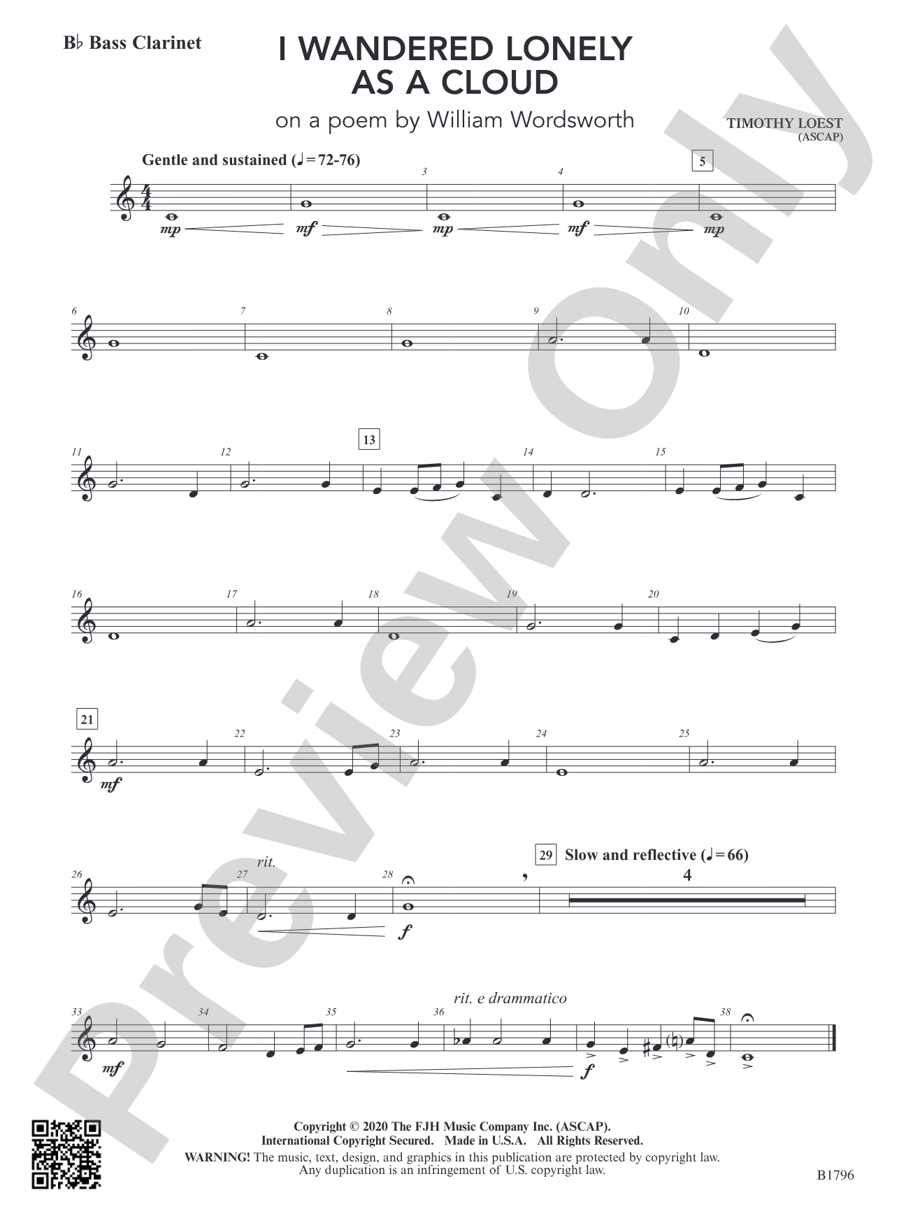 I Wandered Lonely as a Cloud (on a poem by William Wordsworth): B-flat Bass Clarinet