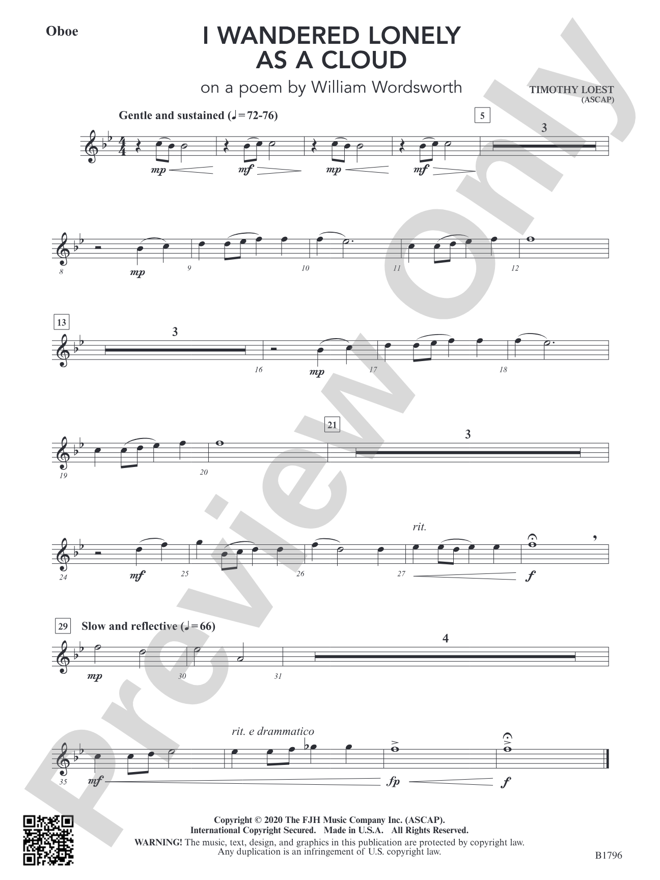 I Wandered Lonely as a Cloud (on a poem by William Wordsworth): Oboe