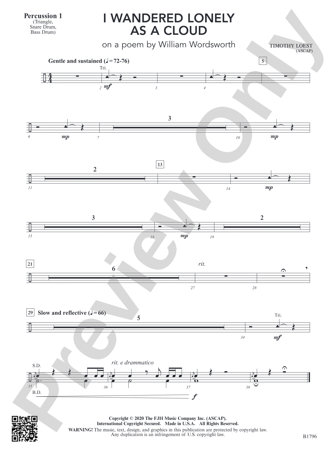 I Wandered Lonely as a Cloud (on a poem by William Wordsworth): Percussion 1