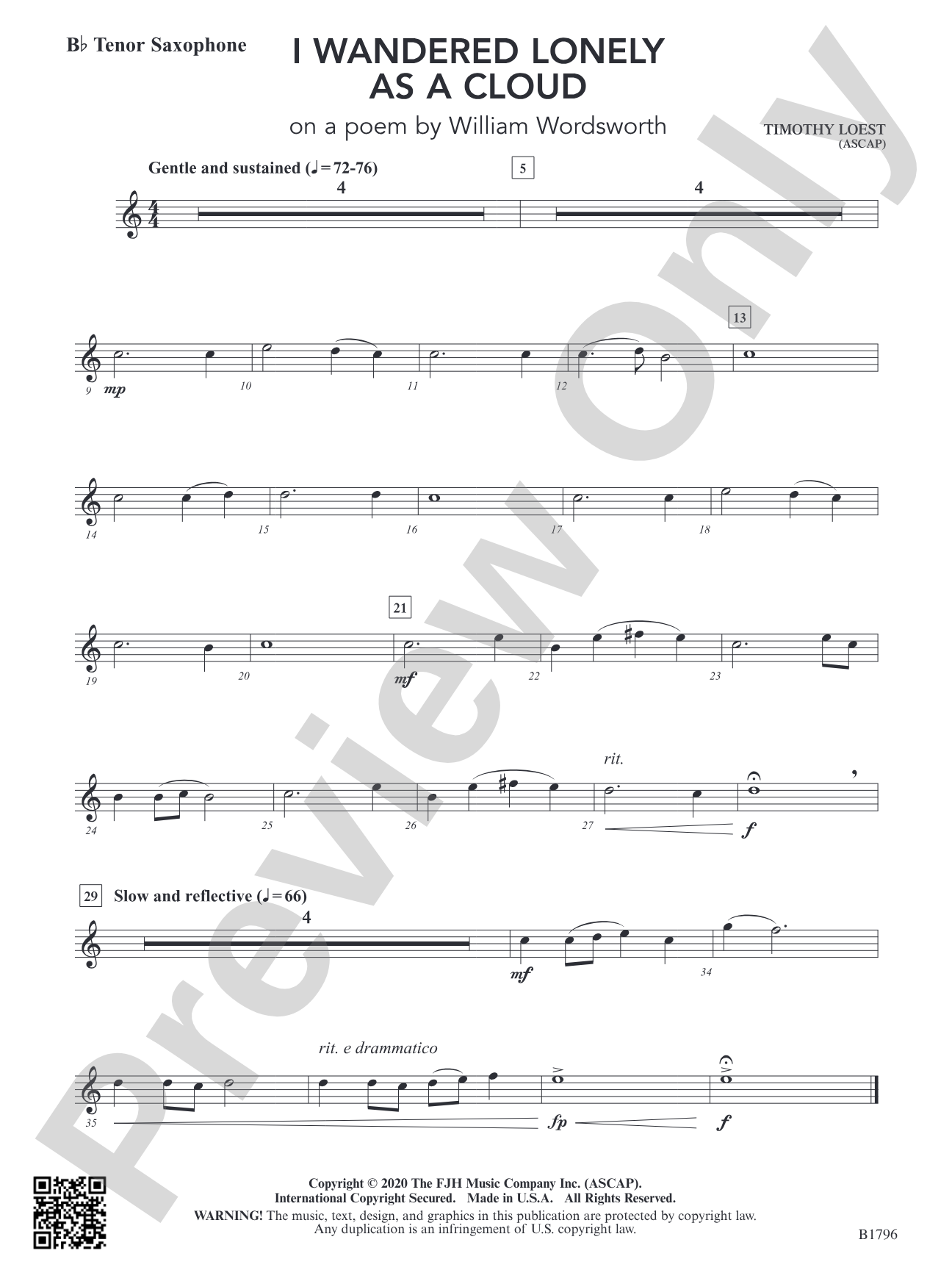 I Wandered Lonely as a Cloud (on a poem by William Wordsworth): B-flat Tenor Saxophone