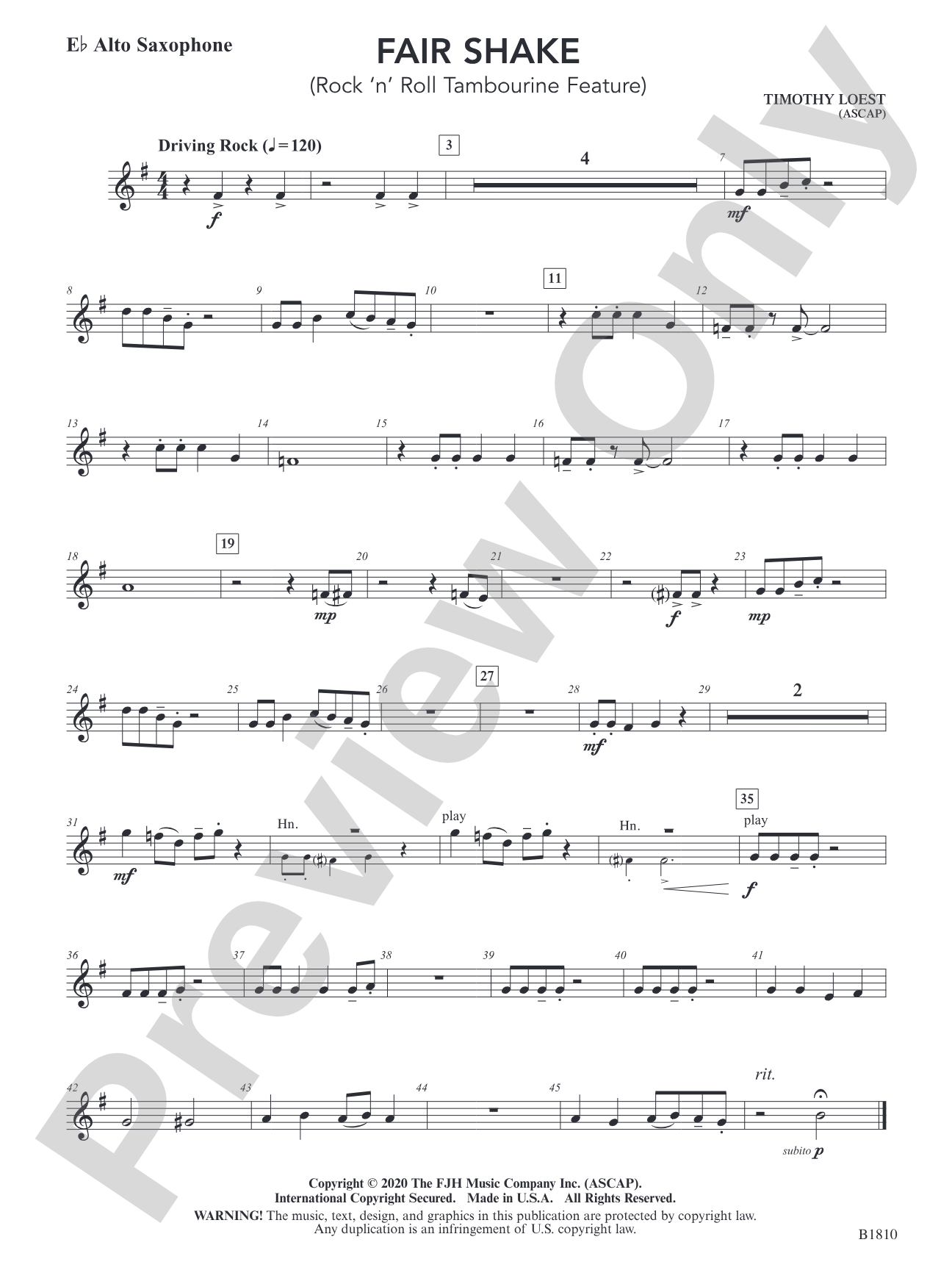 Fair Shake (Rock 'n' Roll Tambourine Feature): E-flat Alto Saxophone