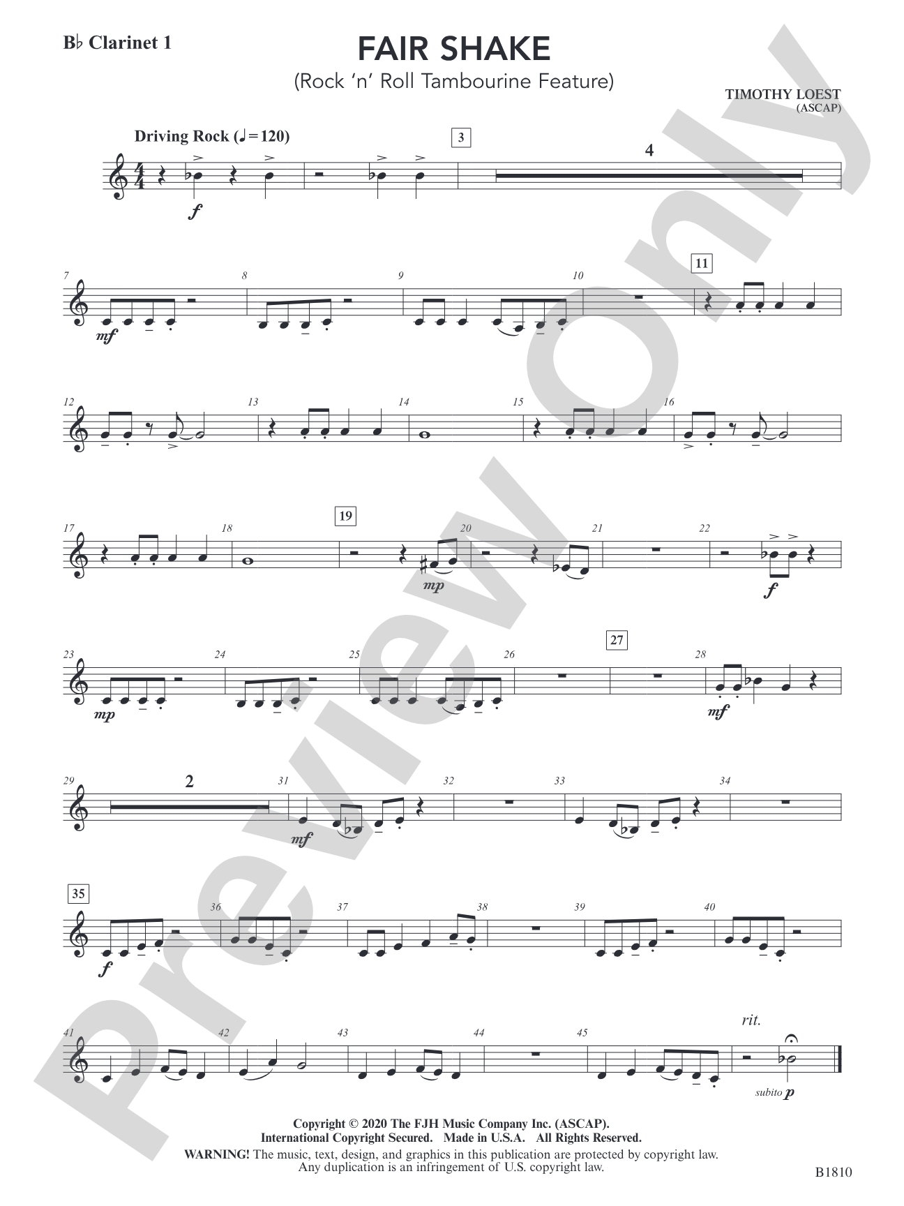 Fair Shake (Rock 'n' Roll Tambourine Feature): B-flat Clarinet 1